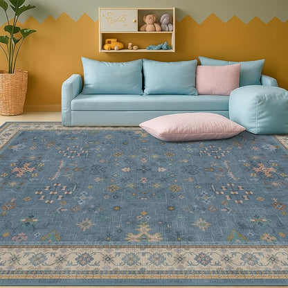 Boho 6x8 Living Room Rugs - Modern Blue Dining Room Rug for Under Table, Lightweight Washable Foldable Low Pile Soft Carpet, Eclectic Floral Bedroom Décor Aesthetic