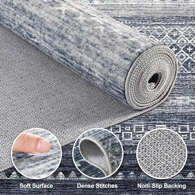 Nakagishi 5x7 Area Rugs Living Room: Washable Boho Large Neutral Soft Rug Modern Stain Resistant Moroccan Indoor Non Slip Floor Carpet for Bedroom Nursery Kids Playroom Office Dining Room Dorm- Blue