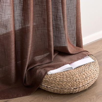 MIULEE Chocolate Brown Linen Curtains 54 Inch Length 2 Panels for Bedroom Living Room, Soft Thick Linen Textured Natural Short Window Drapes Semi Sheer Light Filtering Back Tab Rod Pocket