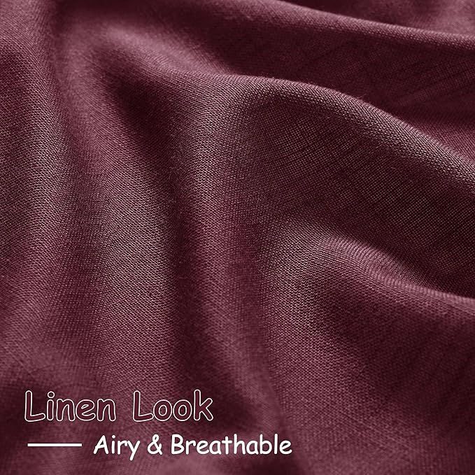 Nanspring Burgundy Linen Curtains Semi Sheer 96 Inches Long 2 Panels Set for Living Room Back Tab Rod Pocket Light Filtering Drape for Bedroom Modern Farmhouse Coastal Decor Protect Privacy 52x96