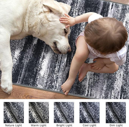 Lansny Modern Abstract Runner Rug 2x5, Black Grey Washable Kitchen Runner Entryway Rug Mat Non-Slip Soft Hallway Rug Runner Thin Print Faux Wool Carpet for Bedroom Laundry Room Indoor