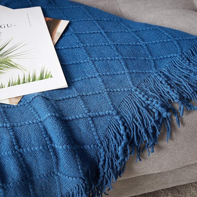 BOURINA Royal Blue Throw Blanket 60x80 Inches Throw Textured Solid Soft Sofa Throw Couch Knitted Decorative Blanket