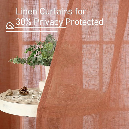 LAMIT Linen Semi Sheer Curtains 96 inches Long 2 Panels Set, Light Filtering Panels Back Tab and Rod Pocket Floor to Ceiling Curtains for Bedroom/Living Room, Terracotta, 52 x 96 Inch