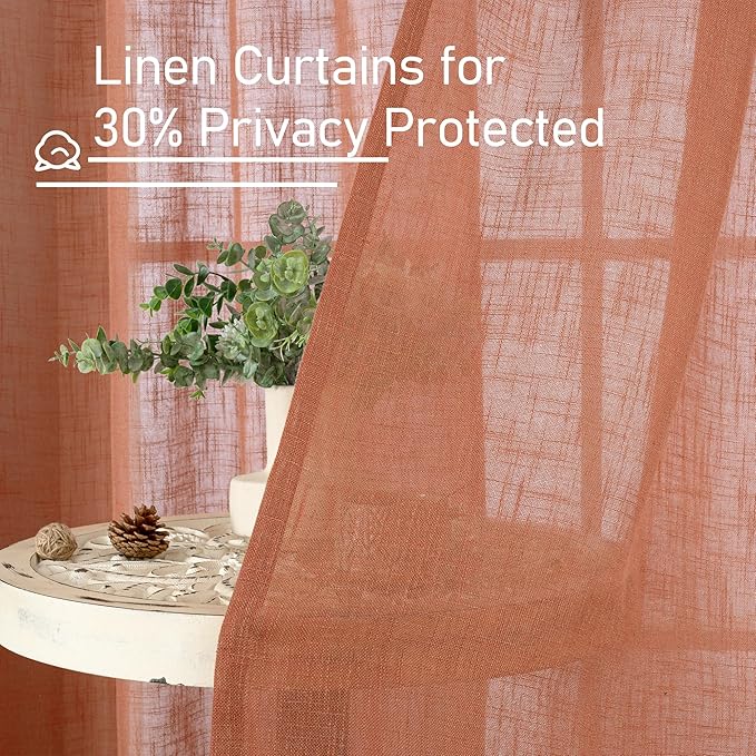 LAMIT Light Filtering Linen Curtains 68 inches Long for Bedroom, Linen Textured Semi Sheer Back Tab and Rod Pocket Boho Modern Drapes for Living Room/Farmhouse, Terracotta, 2 Panels, 52 x 68 Inch