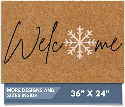 Barnyard Designs Natural Coco Coir Christmas Doormat - Large Cute Non-Slip Heavy Duty Backing Door Mat for Outside Entrance or Porch Entry, Brown (24x36, Winter Snowflake)