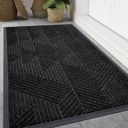 Smiry Front Door Mat Outside Entrance, Heavy Duty Sturdy Natural Rubber Doormat, Trap Dirt and Moisture, Easy Clean Low Profile Mats for Indoor Outdoor Entry, Irregular Triangle (59x40, Black)