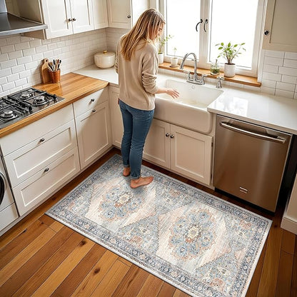TOPRUUG 2x4 Entryway Runner Rug - Washable Non-Slip Rugs for Kitchen Hallway Soft Ultra-Thin Door Mat Indoor Entrance Stain Resistant Small Throw Carpet for Bathroom (Blue, 2X4)