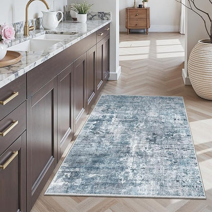 3x4 Rug, Small Area Rug for Kitchen, Entryway, Machine Washable Non-Slip Throw Rug, Vintage Carpet for Nursery Coffee Table Blue/Grey