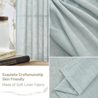 LAMIT Semi Sheer Linen Curtains 54 Inch Length 2 Panels, Greyish Blue Light Filtering Panels Back Tab and Rod Pocket Neutral Drapes for Kitchen/Window/Dining Room, 52 x 54 Inch