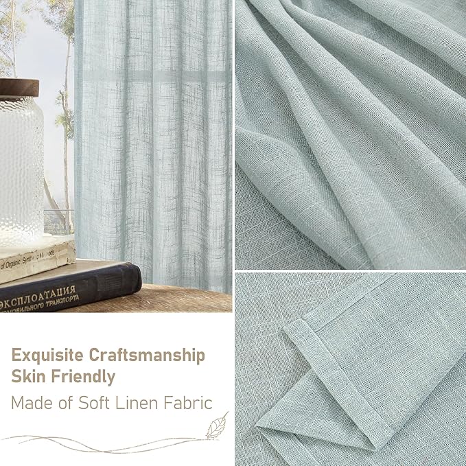 LAMIT Greyish Blue Linen Curtains 45 Inches Long for Bedroom, Light Filtering Panels Back Tab and Rod Pocket Neutral Drapes for Kitchen/Window/Loft Room, 52 x 45 Inch, 2 Panels