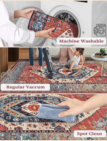 SERISSA Boho Washable Runner Rug, 2x5 Non-Slip Vintage Rust Hallway Kitchen Runner Rug Ultra Soft Print Distressed Tribal Floor Carpet for Bedroom Bathroom Laundry Living Room