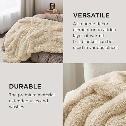 Bedsure GentleSoft Fuzzy Sherpa Faux Fur Blanket Beige Cozy Gifts for Women Men, Soft Fleece Plush Warm Minky Thick Blanket Twin Size for Couch, Room Decor Dorm Bed Essentials Beige Decor, 60x80