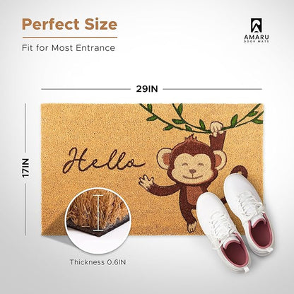 Monkey - 17"x29" - Coir Door Mat with Heavy Duty Backing - Welcome Mats for Entryway, Porch - Anti-Slip PVC & Coconut Fiber Surface - Natural Home Accessories, Minimalist Original Design