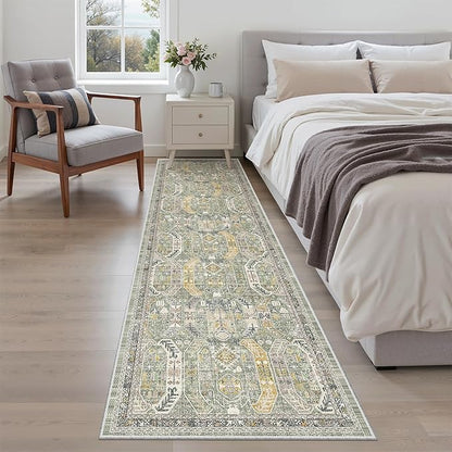 Madane Runner Rug 2x8, Washable Hallway Runner Rugs, Non-Slip Low-Pile Soft Kitchen Rug Runner Laundry Room Rug, Vintage Throw Entry Foyer Mat for Entrance Living Room (Green/Gold, 2 x 8)
