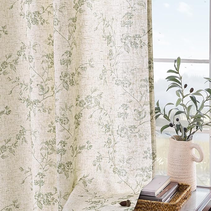 Lazzzy Linen Farmhouse Curtains Green Floral Curtains 63 Inch Length Back Tab Drapes for Living Room Bedroom Light Filtering Country Vintage Rod Pocket Curtain, 2 Panels, Green on Beige