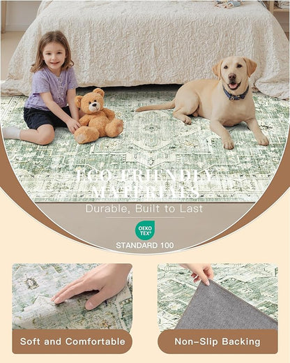 Madane Runner Rugs for Hallway 2x10 Long Washable Non-Slip Hallway Runner Rug Low-Pile Stair Kitchen Runner Soft Throw Carpet for Entrance Living Dining Laundry Room (Green/Ivory, 2 x 10)