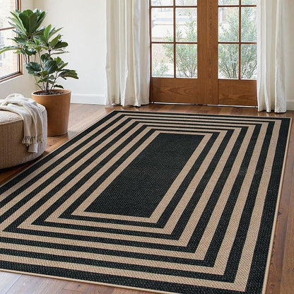 Lahome Enfys Modern Geometric Easy Jute Outdoor Rug, 5x7 Patio Living Room Rug Large Black Carpet for Bedroom, Farmhouse Washable Indoor Outdoor Carpet for Dining Room Backyard Deck