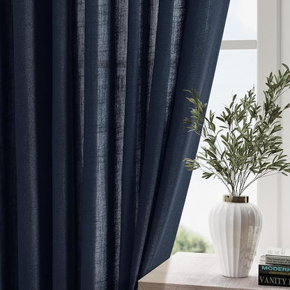 Navy Blue Linen Curtains 90 inch Length for Bedroom Boys Men Back Tab Modern Farmhouse Nautical Decor Blue Sheer Privacy Curtain Panels Set of 2 for Dining Room Indigo