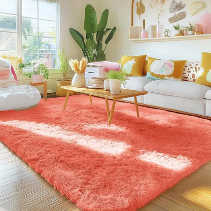 OLANLY Area Rugs for Living Room Bedroom, Machine Washable 4x5.9 ft Soft Fluffy Shaggy Bedside Rug, Indoor Floor Carpet for Kids Girls and Boys, Dorms, Nursery Rooms, Home Decor Aesthetic, Coral Red