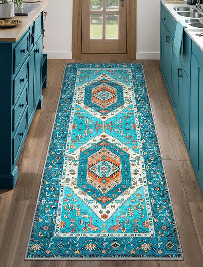 SERISSA Boho Washable Runner Rug, 2x5 Rug Runner Non-Slip Vintage Blue Hallway Kitchen Runner Rug Ultra Soft Print Distressed Tribal Floor Carpet Runner for Bedroom Bathroom Laundry Living Room