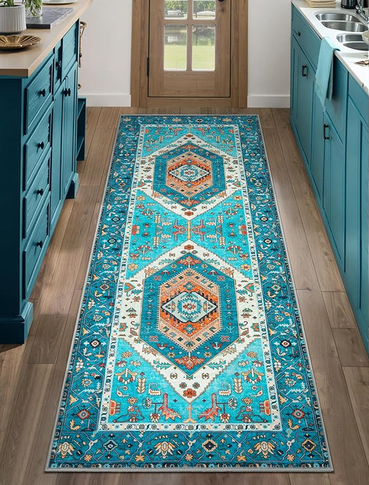 SERISSA Boho Washable Runner Rug, 2x5 Rug Runner Non-Slip Vintage Blue Hallway Kitchen Runner Rug Ultra Soft Print Distressed Tribal Floor Carpet Runner for Bedroom Bathroom Laundry Living Room