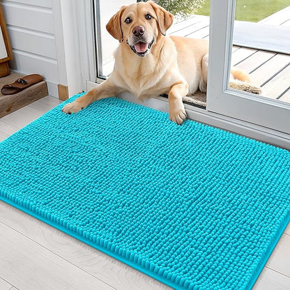 OLANLY Dog Door Mat for Muddy Paws 35x24, Absorbs Moisture and Dirt, Absorbent Non-Slip Washable Doormat, Quick Dry Chenille Mud Mat for Dogs, Entry Indoor Entryway Carpet for Inside Floor, Aqua Blue
