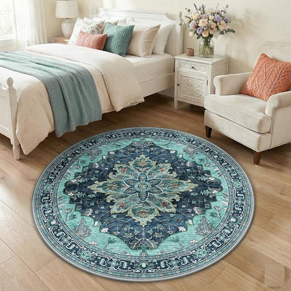 Area Rugs 4ft Washable Non-Slip, Floral Vintage Distress Print Pattern Medallion Carpet for Living Room Bedroom Dining Room, Teal Green Lake Blue Turquoise