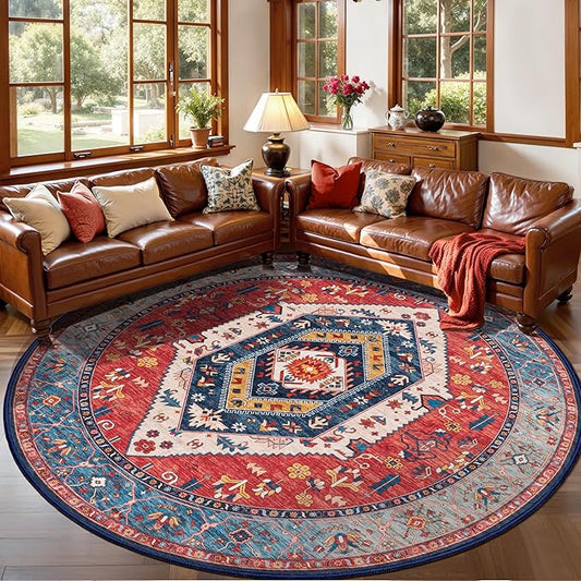 SERISSA Boho Round Area Rug, 5ft Washable Non-Slip Circle Rug, Ultra Soft Oriental Vintage Rust Low-Pile Circular Carpet for Bedroom Entryway Kids Room Office College Dorm Living Room