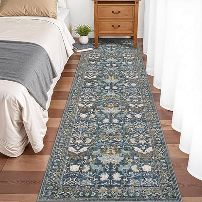 Washable 2x8 Hallway Runner Rug: Vintage Water-Resistant Kitchen Entryway Rug Ultra Soft Living Room Bedroom Carpet Non Slip Indoor Low Pile Floor Mat for Bathroom Dining Room(2x8,Floral/Blue)