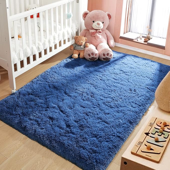 LOCHAS Ultra Soft Indoor Modern Area Rugs Fluffy Living Room Carpets for Children Bedroom Home Decor Nursery Rug 4x5.3 Feet,Light Navy