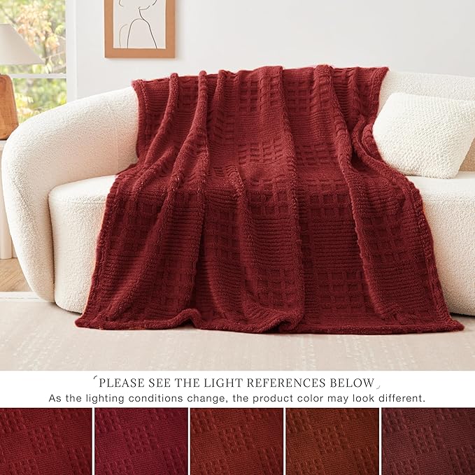 EXQ Home Fleece Throw Blanket for Couch or Bed - 3D Waffle Patchwork Pattern Jacquard Decorative Blankets - Cozy Soft Lightweight Fuzzy Flannel Blanket Suitable for All Seasons(50"×60",Red)
