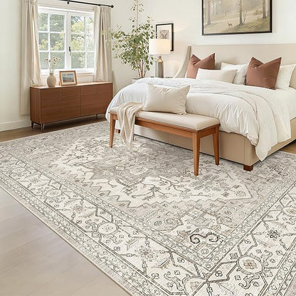 Madane 5x7 Area Rugs for Living Room, Stain Resistant Washable Rug, Non-Slip Backing Area Rug, Vintage Home Decor Rug for Bedroom (Beige/Brown, 5'x7')