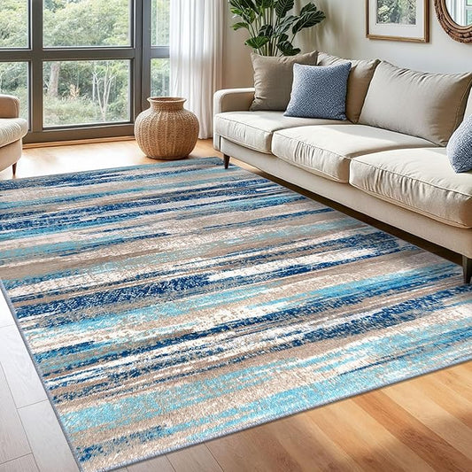 Lansny Modern Abstract 6x9 Machine Washable Living Room Rug Non-Slip Soft Bedroom Area Rug Blue Ultra Thin Print Faux Wool Floor Carpet Throw Rugs for Nursery Playroom Dining Room Indoor Office