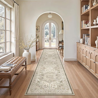 Madane Hallway Washable Runner Rug - 2x10 Kitchen Rugs Entryway Rug Runner Vintage Soft Floor Mat Non Slip Indoor Farmhouse Carpet for Bathroom Living Room Bedroom (2 X 10, Ivory/Brown)