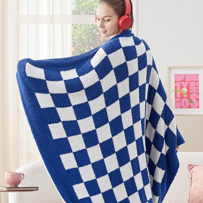 Bedsure Gentlesoft Checkered Twin Blanket for Couch - Soft Cozy & Warm Knit Navy Blue Throw Blanket, Breathable, Lightweight & Fluffy Plaid Blankets for Bed & Sofa, Gifts for Women Men, 60x80 Inches