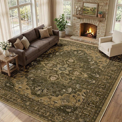 Area Rugs 9'x12' Washable Non-Slip, Floral Vintage Distress Print Pattern Medallion Carpet for Living Room Bedroom Dining Room, Brown Dark Brown