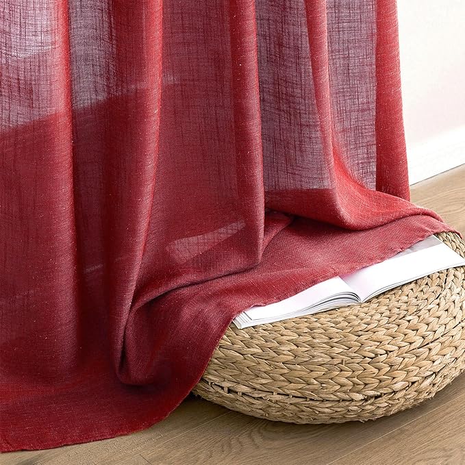 MIULEE Burgundy Red Kitchen Curtains 30 Inch Length 2 Panels, Soft Thick Linen Textured Semi Sheer Light Filtering Short Cafe Tier Curtains for Small Half Window Back Tab Rod Pocket Christmas Decor