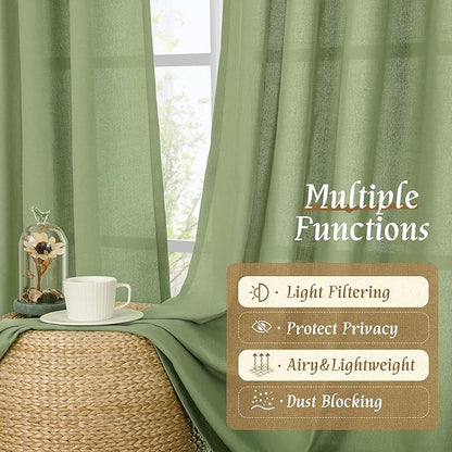 LAMIT Sage Green Linen Curtains 72 inches Long for Living Room, Soft Thick Semi Sheer Light Filtering Rod Pocket Privacy Window Treatments Drapes for Bedroom, 2 Panels Set, 52 x 72 Inch