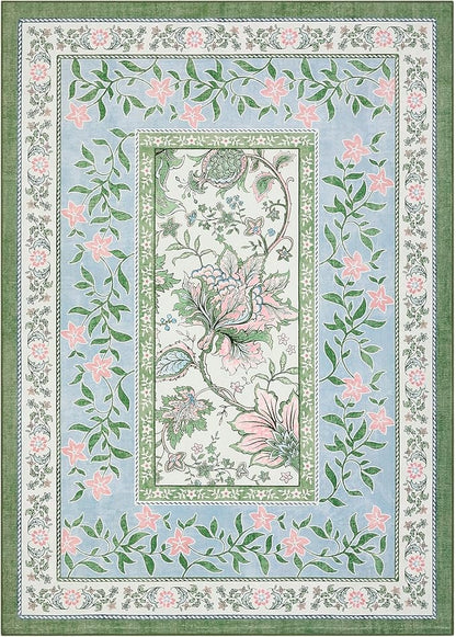 GarveeHome Blue Green Pink Area Rugs 9x12 Living Room, Botanical Grove Cottage core Washable Non-Slip Rug for Bedroom Dining Nursery Low-Pile Vintage Large Soft Carpet