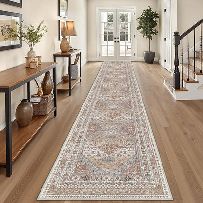 3x20 Long Runner Rug for Hallway, Non-Slip Long Kitchen Mats for Floor, Vintage Washable Rug for Entryway, Soft Hallway Runner for Dining Room, Bedroom, Living Room(Orange,3'x20')