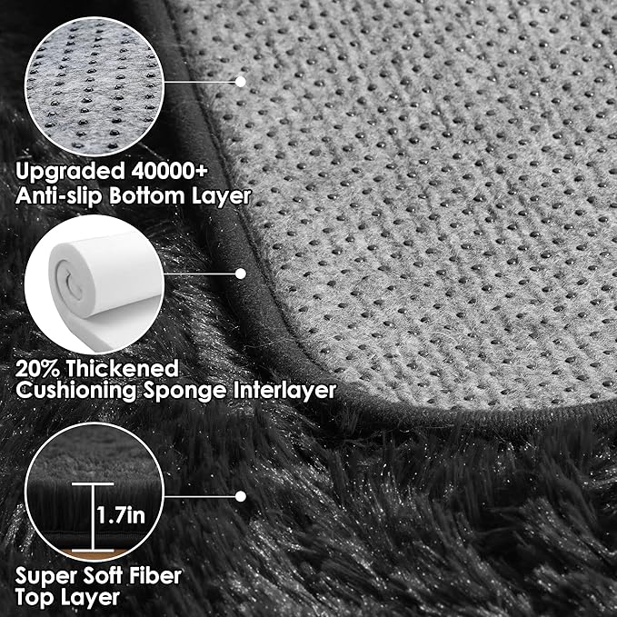 ONASAR Black Runner Rugs for Bedroom Living Room, 2x6 Bedside Fluffy Area Rug, Indoor Ultra Soft Plush Shaggy Furry Floor Throw Carpet for Hallway Nursery Kids Boys Girls Dorm Closet Home Decor