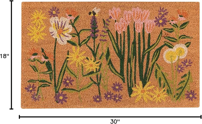 Now Designs Bees & Blooms Natural Coconut Fiber Printed Doormat Vinyl Backed, 18 x 30 inch