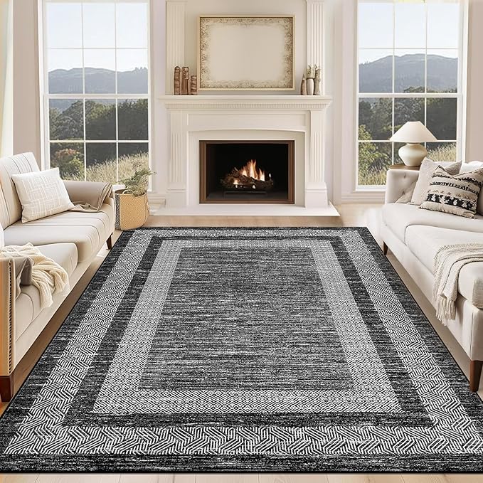 GarveeHome Large Washable Rug 9x12 Modern Geometric Non Slip, Distressed Bordered Printed Rug, Soft Non Shedding Indoor Carpet, Low Pile Thin Foldable Mats for Open Spaces Offices, Black