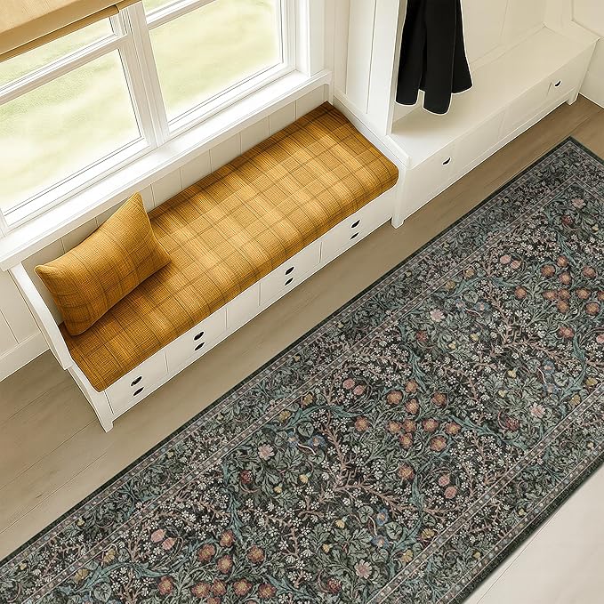 Dark Green 2 x 8 Runners for Hallways, 8ft Long Floor Runner for Kitchen, Entryway Indoor, Washable Non Skid Rubber Backing Stain Resistant - Vintage Floral Décor
