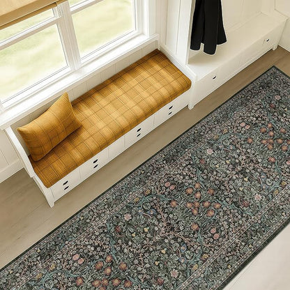 Dark Green 2 x 8 Runners for Hallways, 8ft Long Floor Runner for Kitchen, Entryway Indoor, Washable Non Skid Rubber Backing Stain Resistant - Vintage Floral Décor