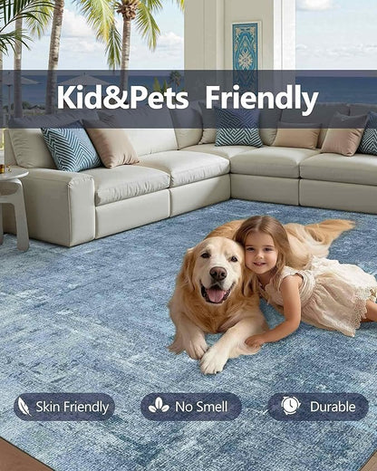 Latte&Fog 5x7 Area Rugs for Living Room Bedroom, Blue Modern Abstract Neutral Washable Rug, Boho Non Slip Low Pile Carpet for Dining Room, Dorm, Classroom, College Dorm, Farmhouse and Kids Room - Blue