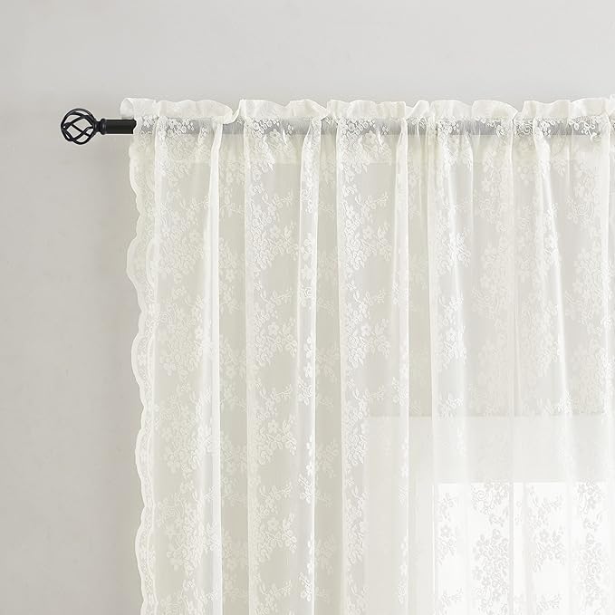 YJ YANJUN Vintage Lace Curtains 84 Inches Long-Victorian Floral Pattern Ivory Sheer Curtain Panels for Living Room Bedroom French Door, Light Filtering Drapes, 2 Panels 52W x 84L Cream