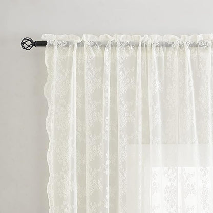 YJ YANJUN Vintage Lace Curtains 84 Inches Long-Victorian Floral Pattern Ivory Sheer Curtain Panels for Living Room Bedroom French Door, Light Filtering Drapes, 2 Panels 52W x 84L Cream
