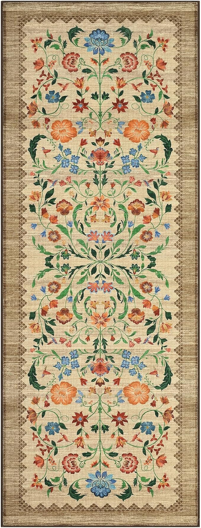 GarveeHome Floral Rug 2x6 Runners for Hallways, Boho Kitchen Runner Rugs Non Slip Bath Runners, Vintage Washable Runner Rug for Bedroom, Soft Long Rugs for Entryway Bathroom Laundry Dorm, Beige