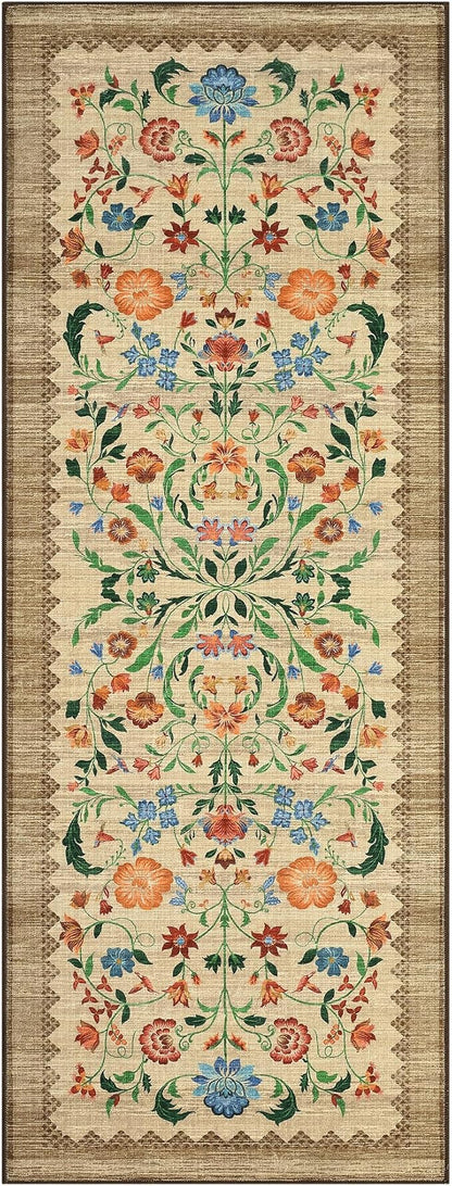 GarveeHome Floral Rug 2x6 Runners for Hallways, Boho Kitchen Runner Rugs Non Slip Bath Runners, Vintage Washable Runner Rug for Bedroom, Soft Long Rugs for Entryway Bathroom Laundry Dorm, Beige